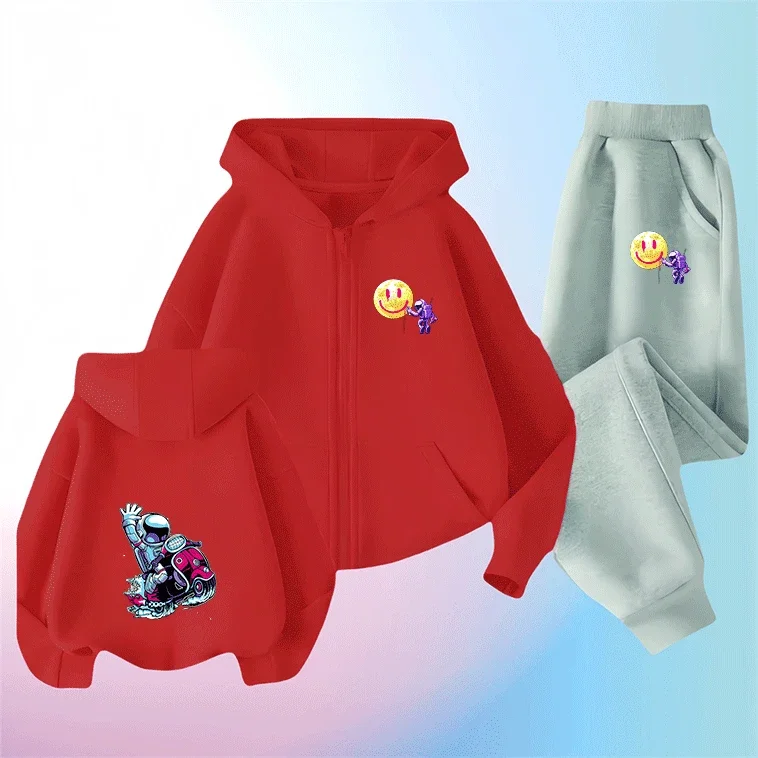 

Stylish Astronaut Children 2-Piece Zip Up Hoodie Set Cute Cartoon Printed Windproof Warm Autumn Winter Fashion
