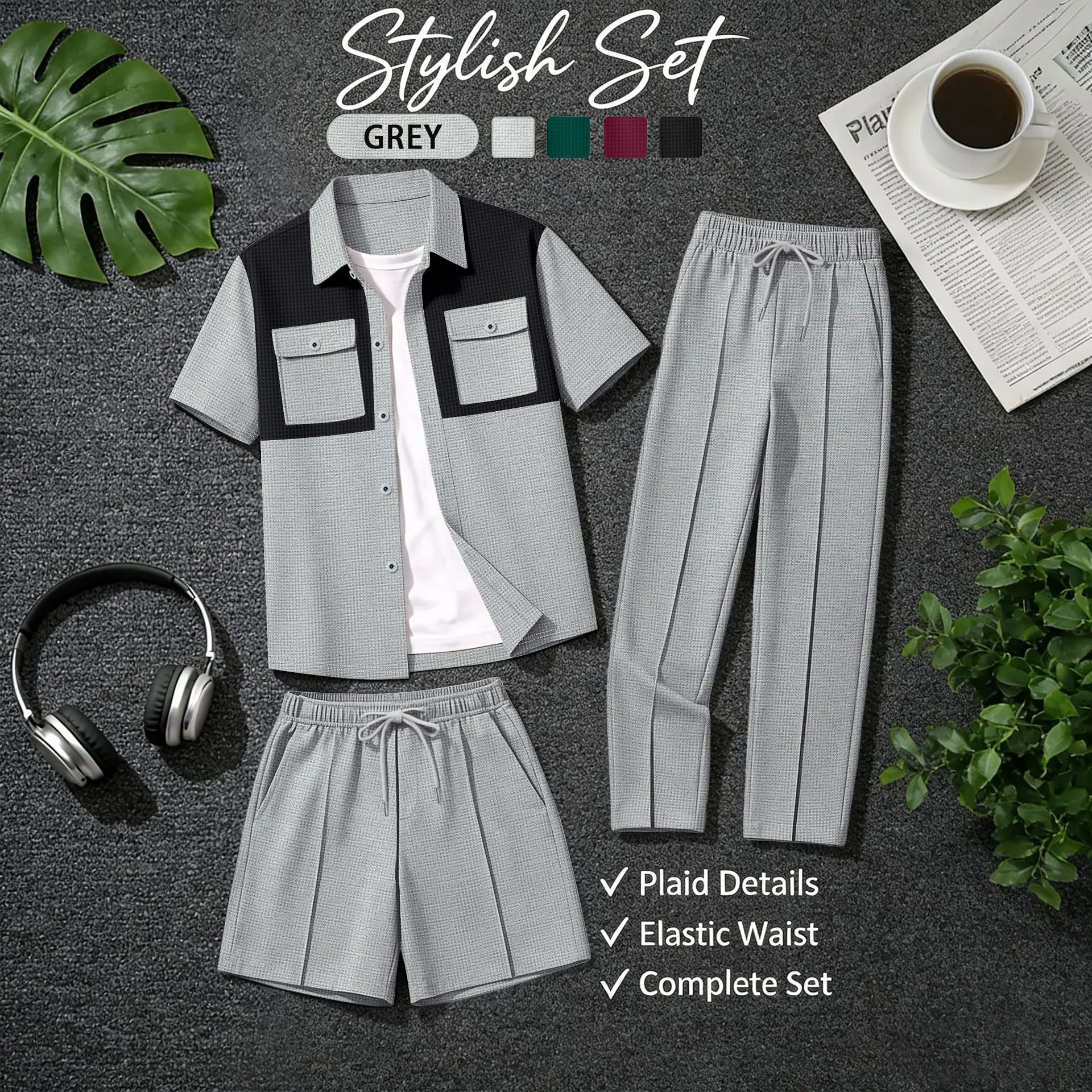 

Мужской комплект из 3 предметов: рубашка с коротким рукавом и отложным воротником, брюки на шнурке и шорты, повседневный уличный стиль