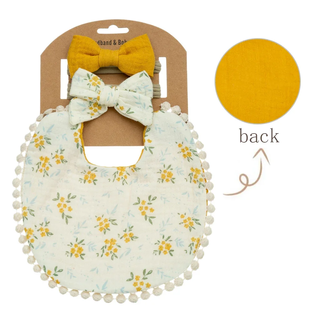 

3Pcs/Set Baby Flower Bibs & Headbands Bow Nylon Hairbands Double Side Saliva Towel Feeding Burp Cloth Scarf Boys Girls Headwear