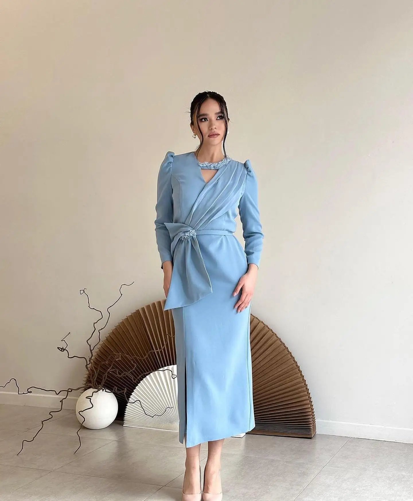 

Customized Classic Jersey Straight Sequined Beading Evening Dress Delicate V-Neck Long Sleeves Ankle Length Celebrity Gowns