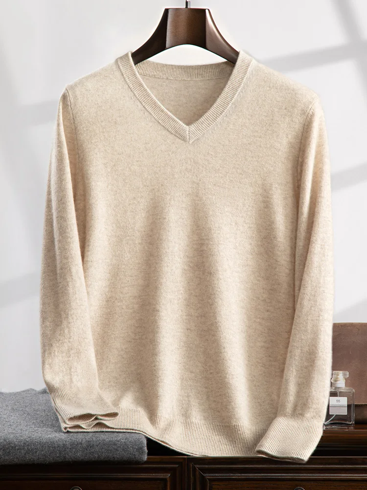 Men's V-Neck 100% Cashmere Sweater Autumn New High-End Knitted Pullover Middle-Aged Elderly Casual Large Size Tops Loose Blouse