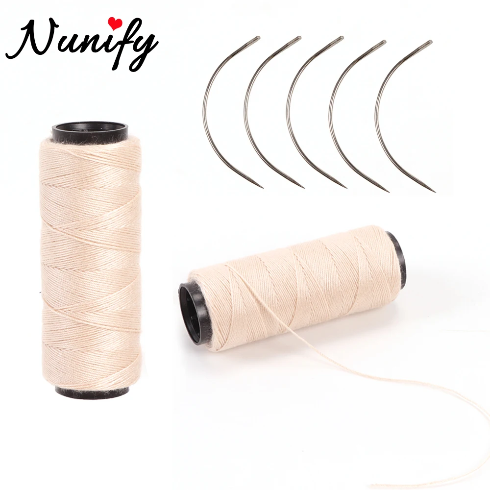 Nunify 5 لفات خيوط نسج الشعر مع الإبر الأسود الخياطة خيط القطن وإبرة لصنع وصلات شعر مستعار عدد وأدوات