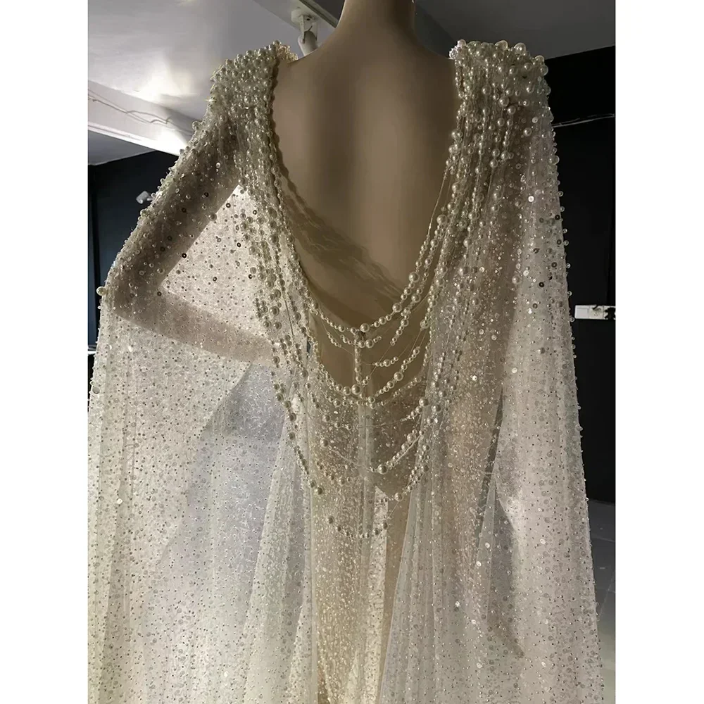 Exquisite Sequined Pearls White Evening Dresses Fashion V-Neck Beads Backless Mermaid Party Gowns Sweep Train Luxury Prom Dress