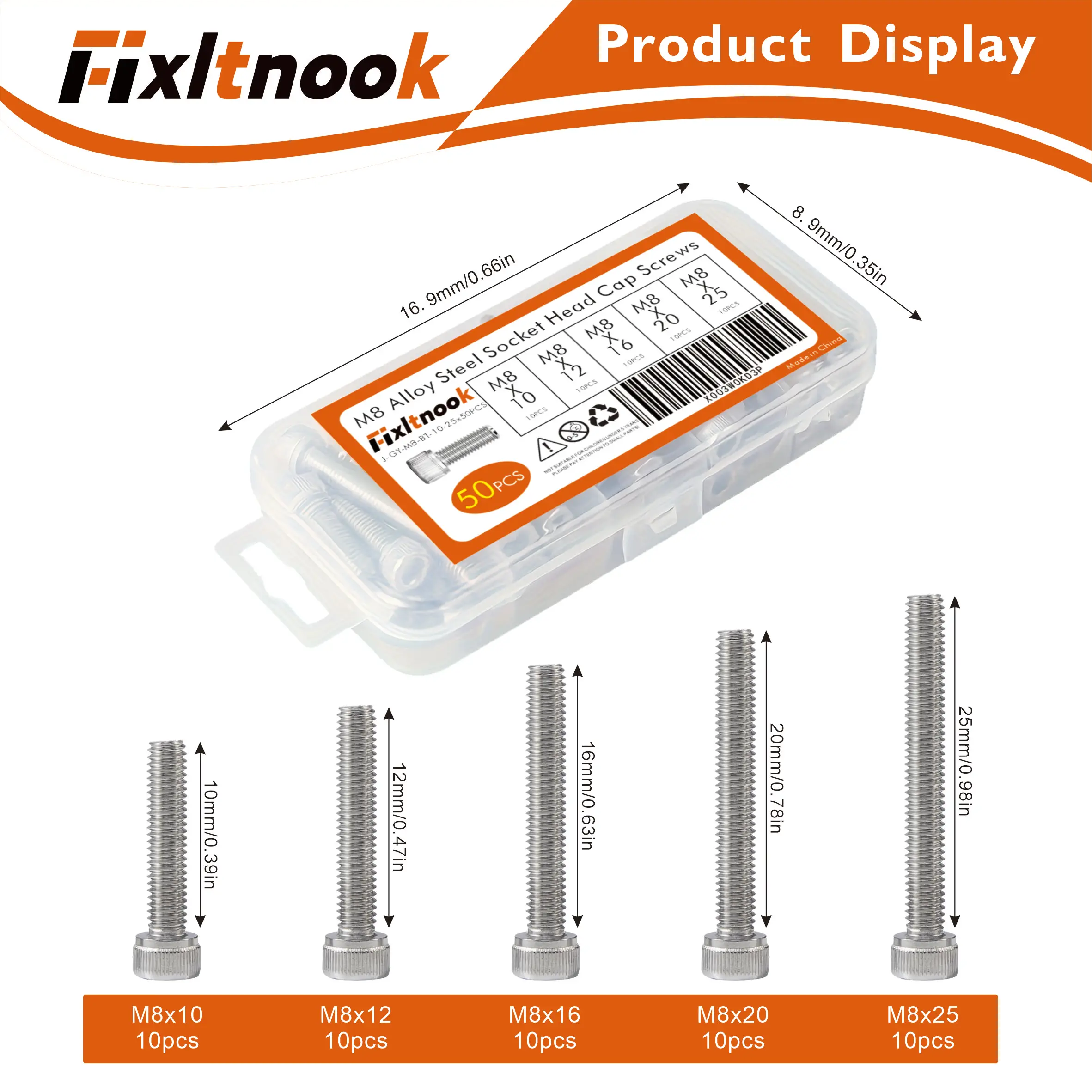 50 peças, parafusos de cabeça sextavada de aço inoxidável 304 m8 x 10mm -25mm-parafusos de máquina de rosca completa com unidade de chave allen