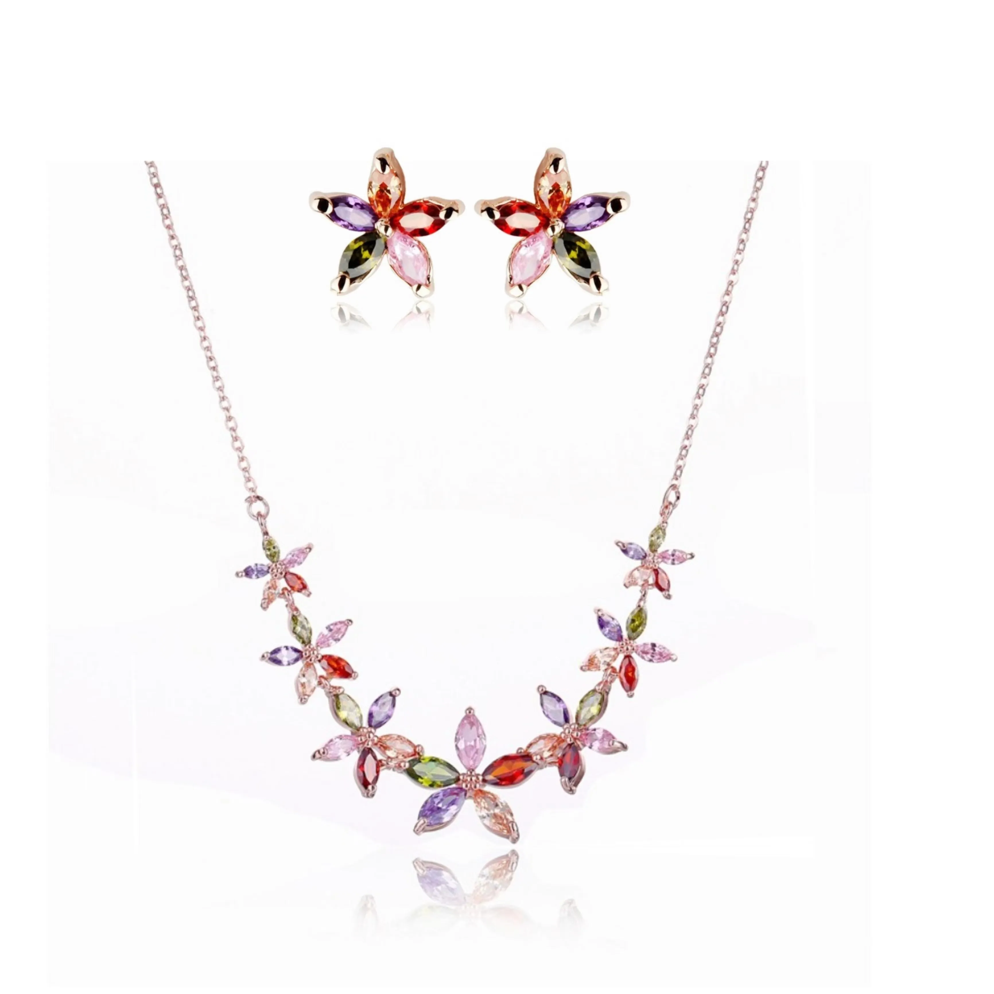 GMGYQ Classic Fashion Charming Rose Gold Color 5-Petal Flower Colorful Zirconia Sets for Lovely Girls Sweety Jewelry Gift