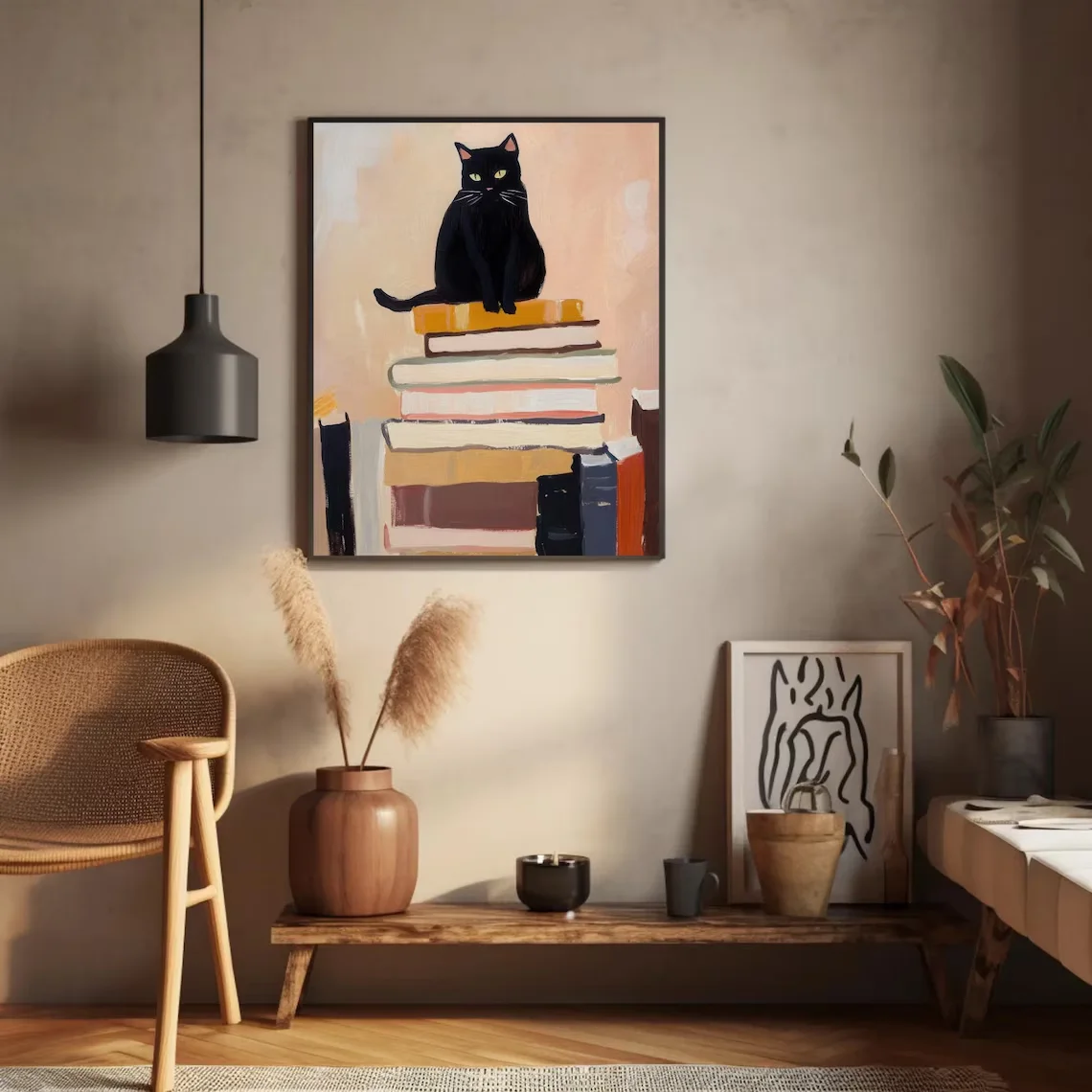 books posters | cat poster | cat sitting on books art print | reading nook wall art | gift for cat lover | black cat print