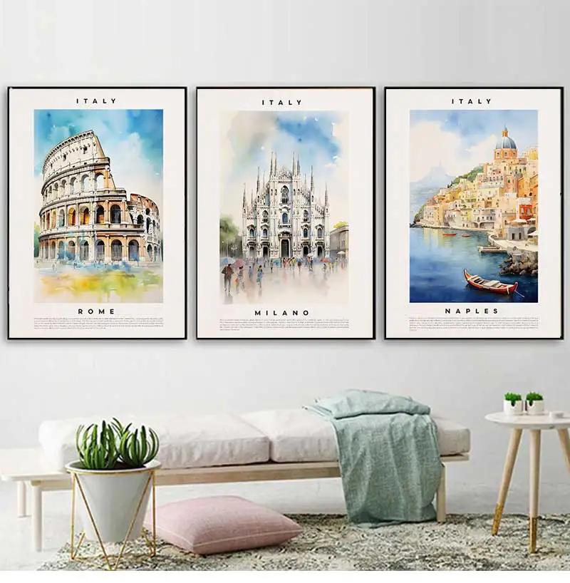 Retro Watercolor Italy Travel Coastal City Naples Amalfi Venice Landscape Poster Canvas Painting Wall Art Pictures Home Decor