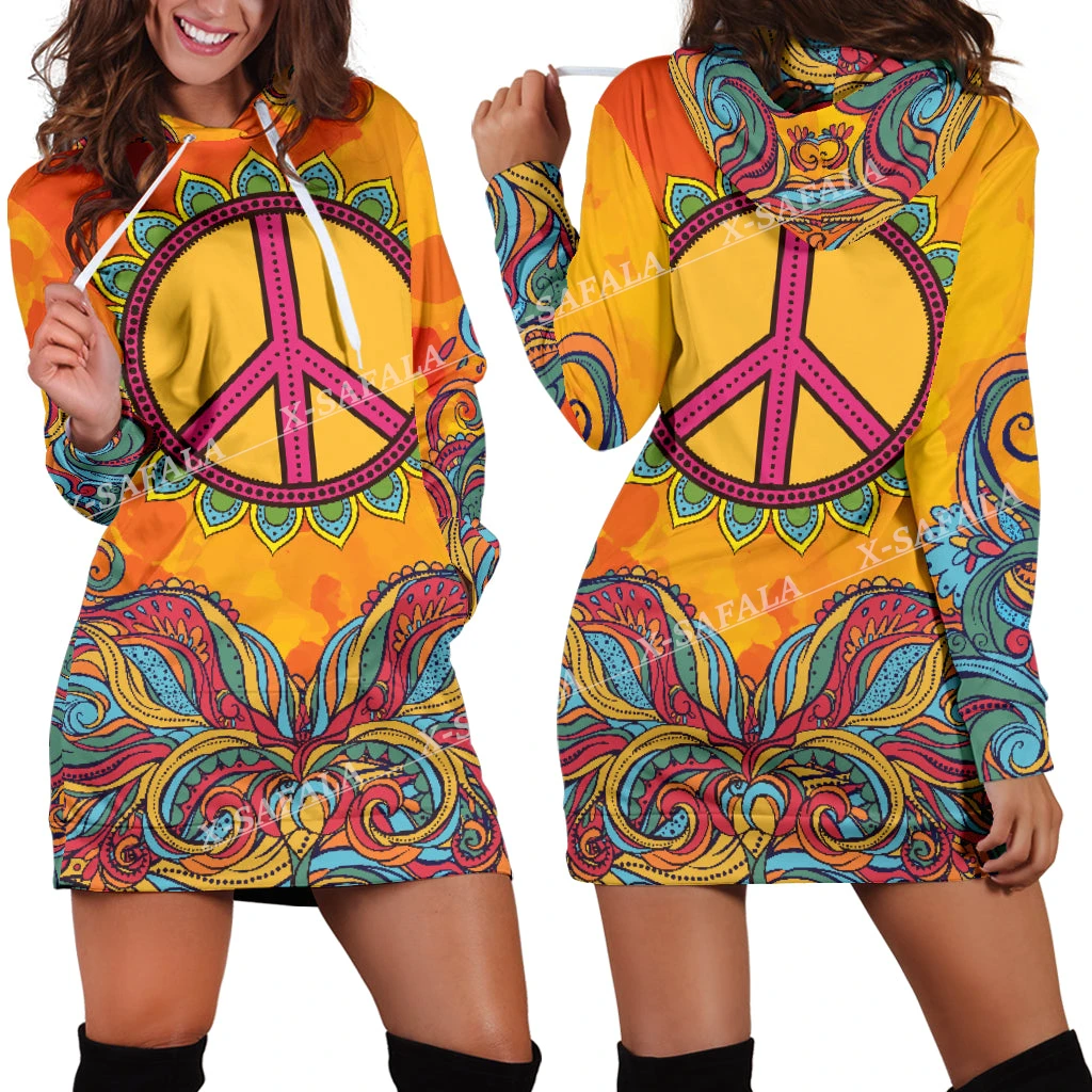 HIPPIE PEACE Flower 3D Fashion Printed Slim Hoodies Dress Women Casual Wear Long Sleeve Hooded Sweatshirt Pullover