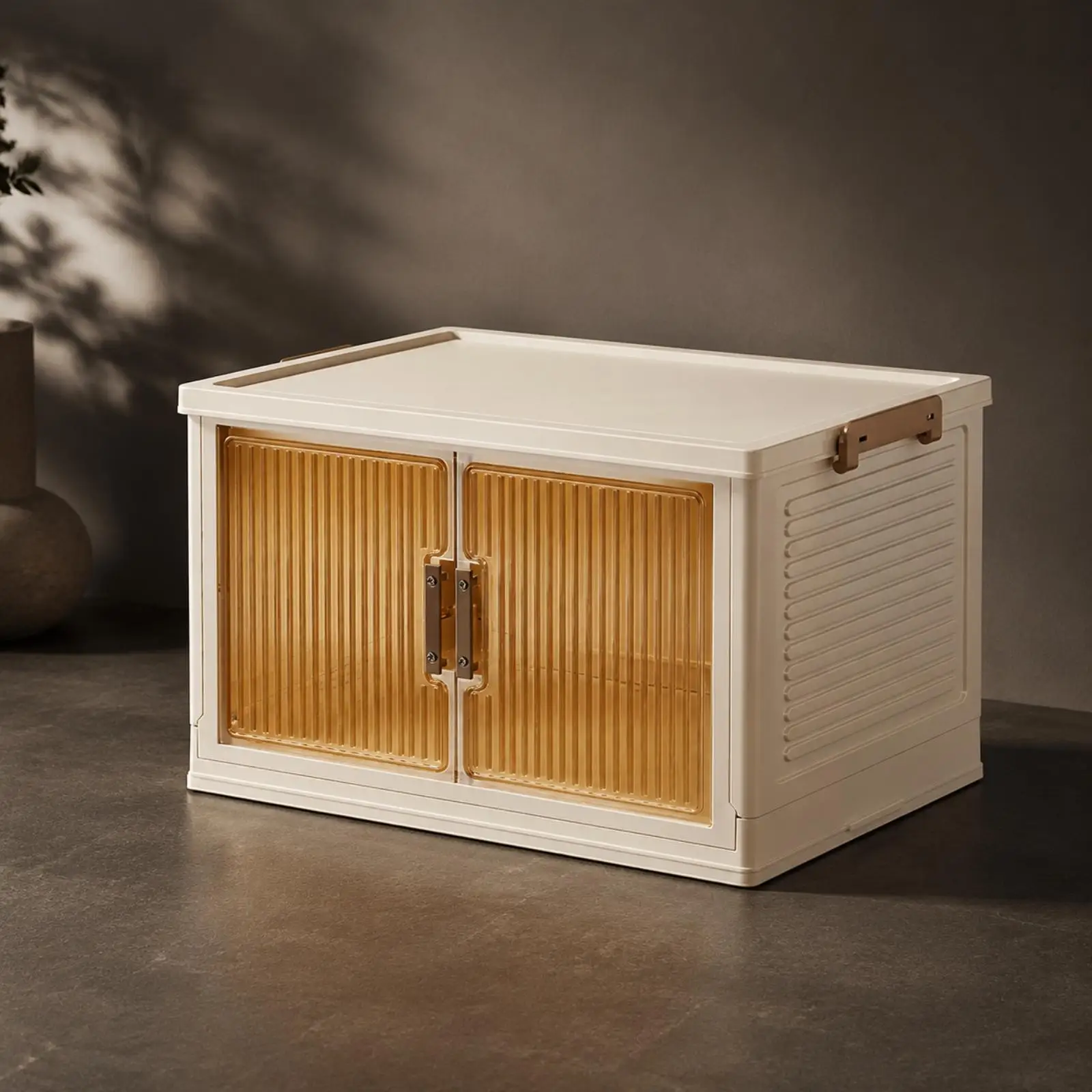 Kids Book Storage Cabinet with Slatted Doors for Bedroom Living Room Toy Organization Plastic Shelving Unit