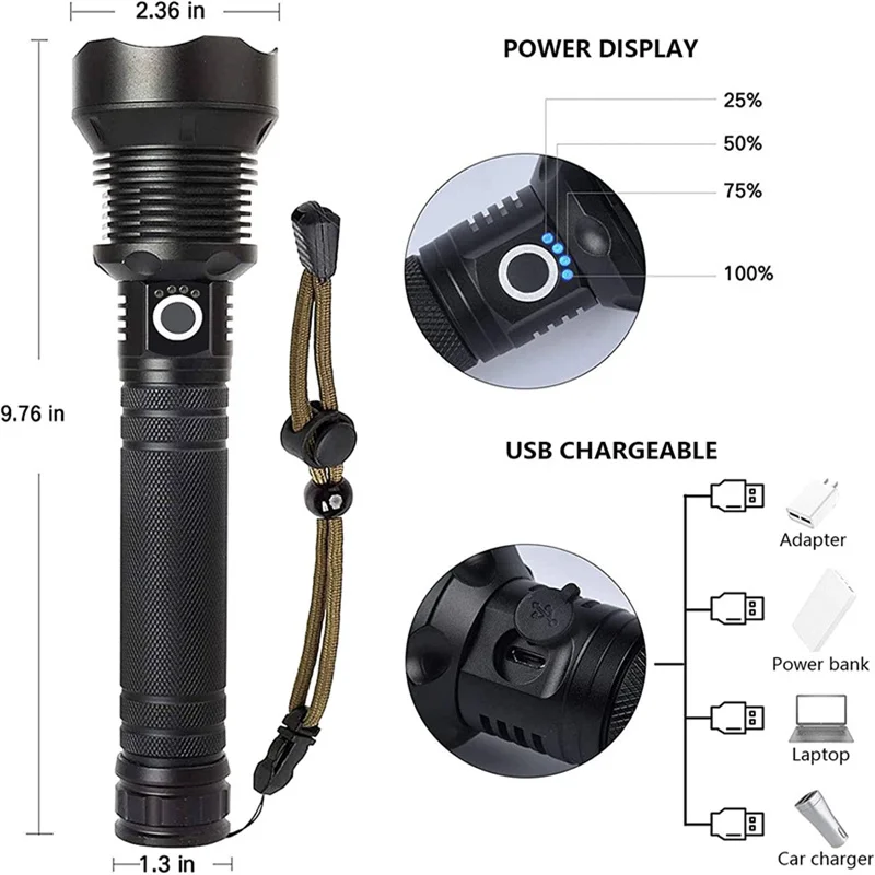 Rechargeable LED Flashlights 90000 Lumens Super Bright Zoomable Waterproof Flashlight with 3 Modes Powerful for Camping Hiking