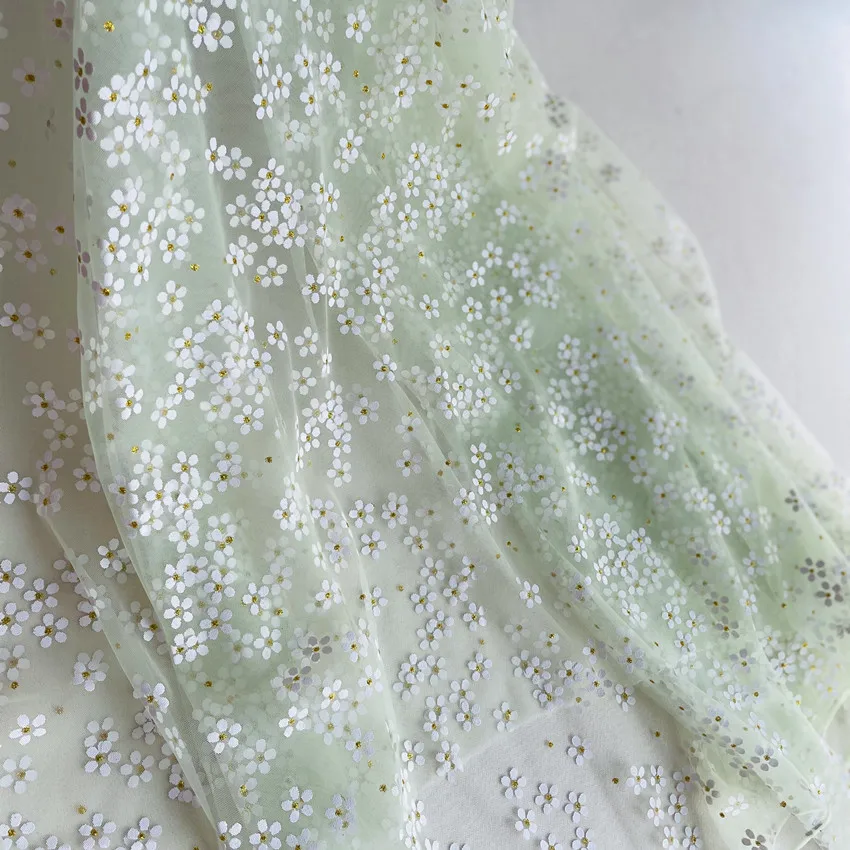 Light Green Plum Blossom Hot Stamping Children's Skirt Dessert Table Gauze Cloth Dress Draping Fabric for Wedding Fabric