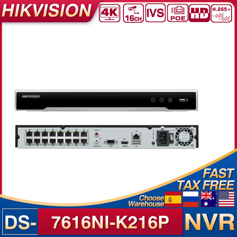 Оригинальный сетевой видеорегистратор HIKVISION Plug & Play 4K 8MP AcuSense NVR DS-7616NXI-K2/16P POE H.265 + 2SATA AcuSense NVR