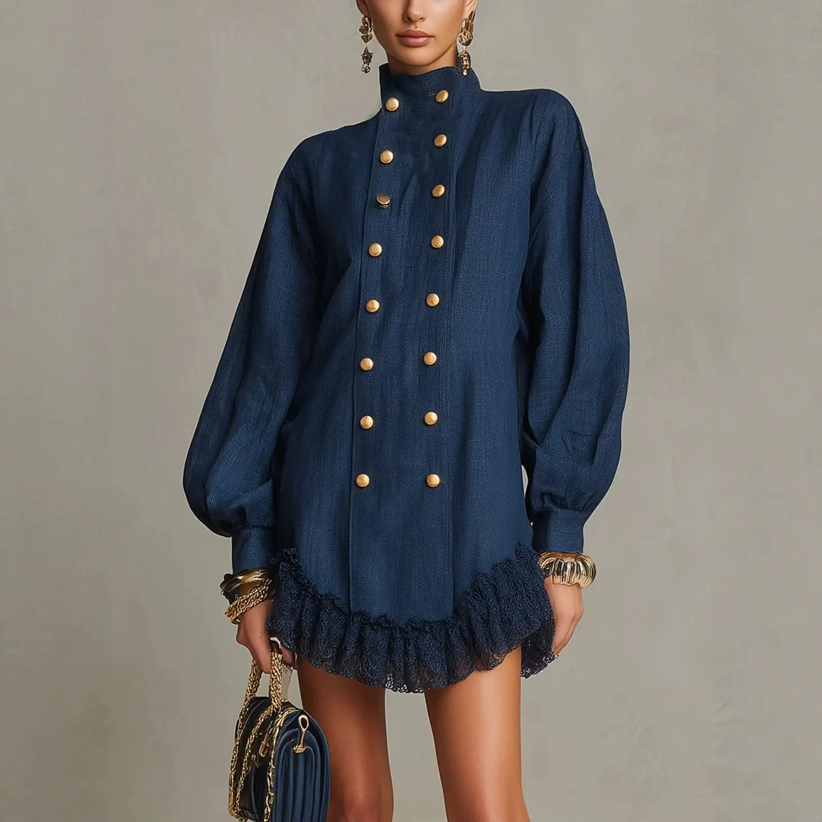 American Retro High Collar Lantern Sleeve Long Sleeve Women Mini Dresses Elegant Autumn Double Breasted Lace Ruffle Hem Dress