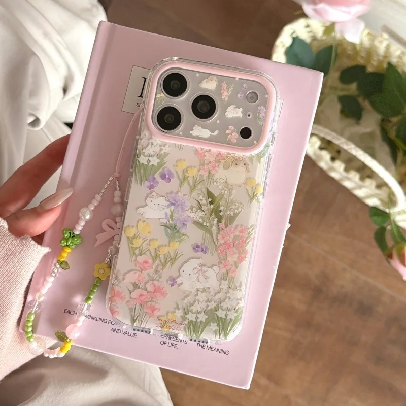 Funda para Teléfono con Diseño de Conejo, Tulipanes y Flores Moradas, para iPhone 17 16 15 14 13 12 11 Pro Max Plus, Linda Caricatura, Antigolpes