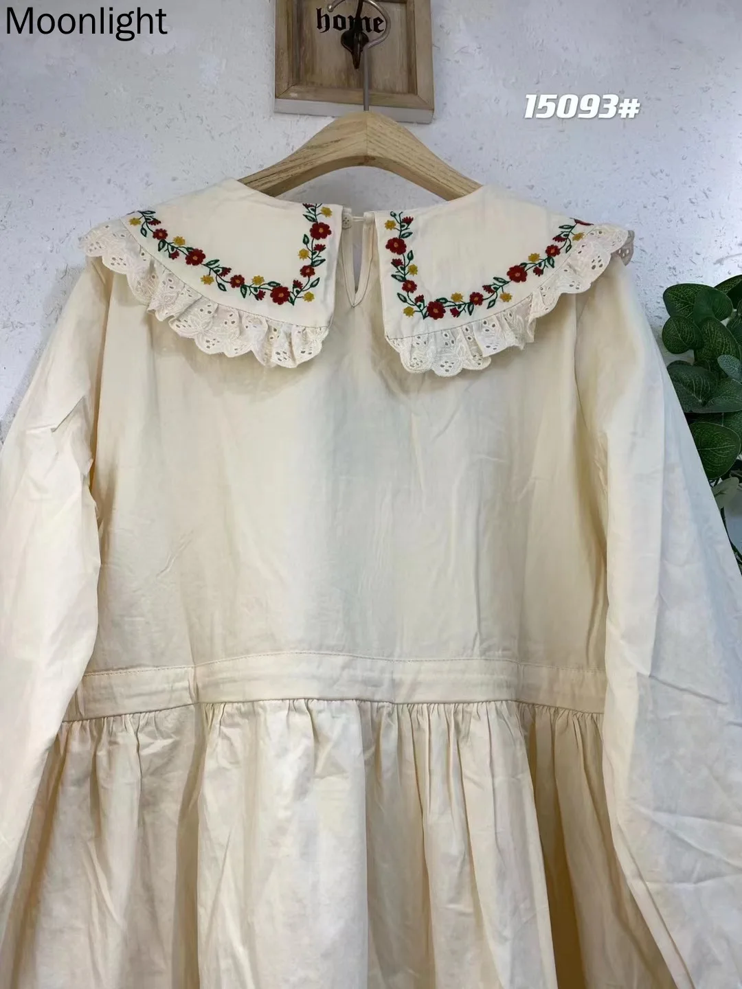 Floral Embroidery Cotton Linen Dress Women Japan Mori Girl Kawaii Lace Peter Pan Collar Dress Vintage Loose Long Sleeve Vestido