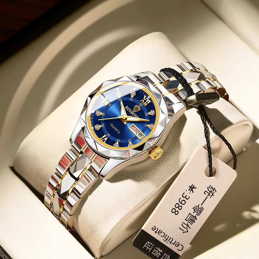 BINBOND 2522 Fashion Women's Quartz Watch Tungsten Steel Timer Double Calendar Waterproof Night Light Couple Watch