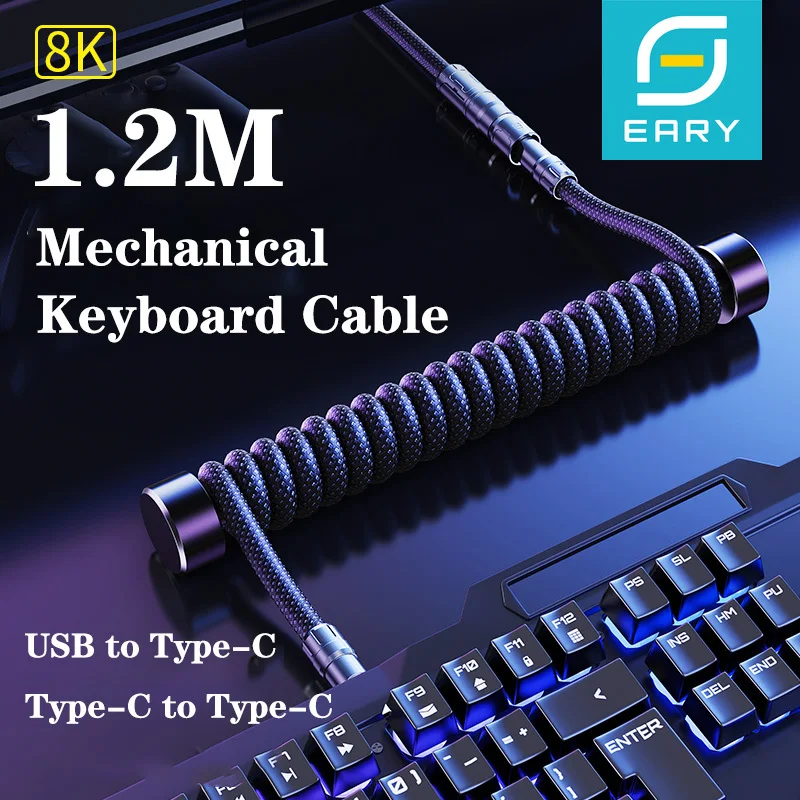 

Eary Coiled Mechanical Keyboard Cable USB to Type-C 1.2m Gaming Keyboard Cable with Detachable Metal Aviator Cable for Laptop PC
