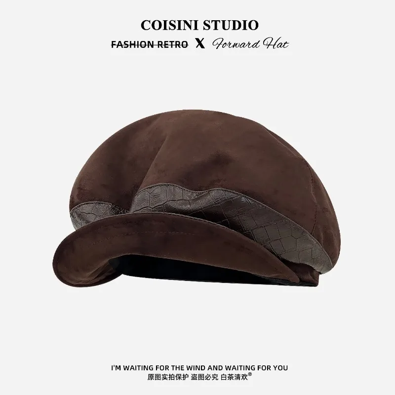 Retro Suede Leather Brim Spliced ​​beret Spring and Autumn Style Sunshade Large Octagonal Newsboy Caps for Women's Gorra