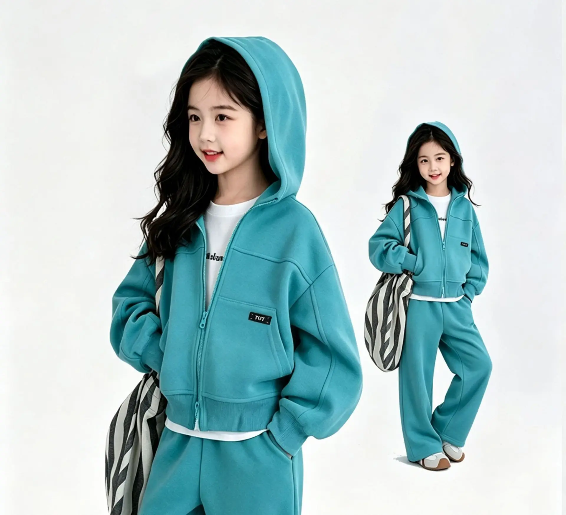 New Teenager Gilrs Autumn Winter Cloth Suit Children Set Jacket Hooded Loose Top + Wied Leg Pant Tracksuit 4 6 8 10 12 14 Year