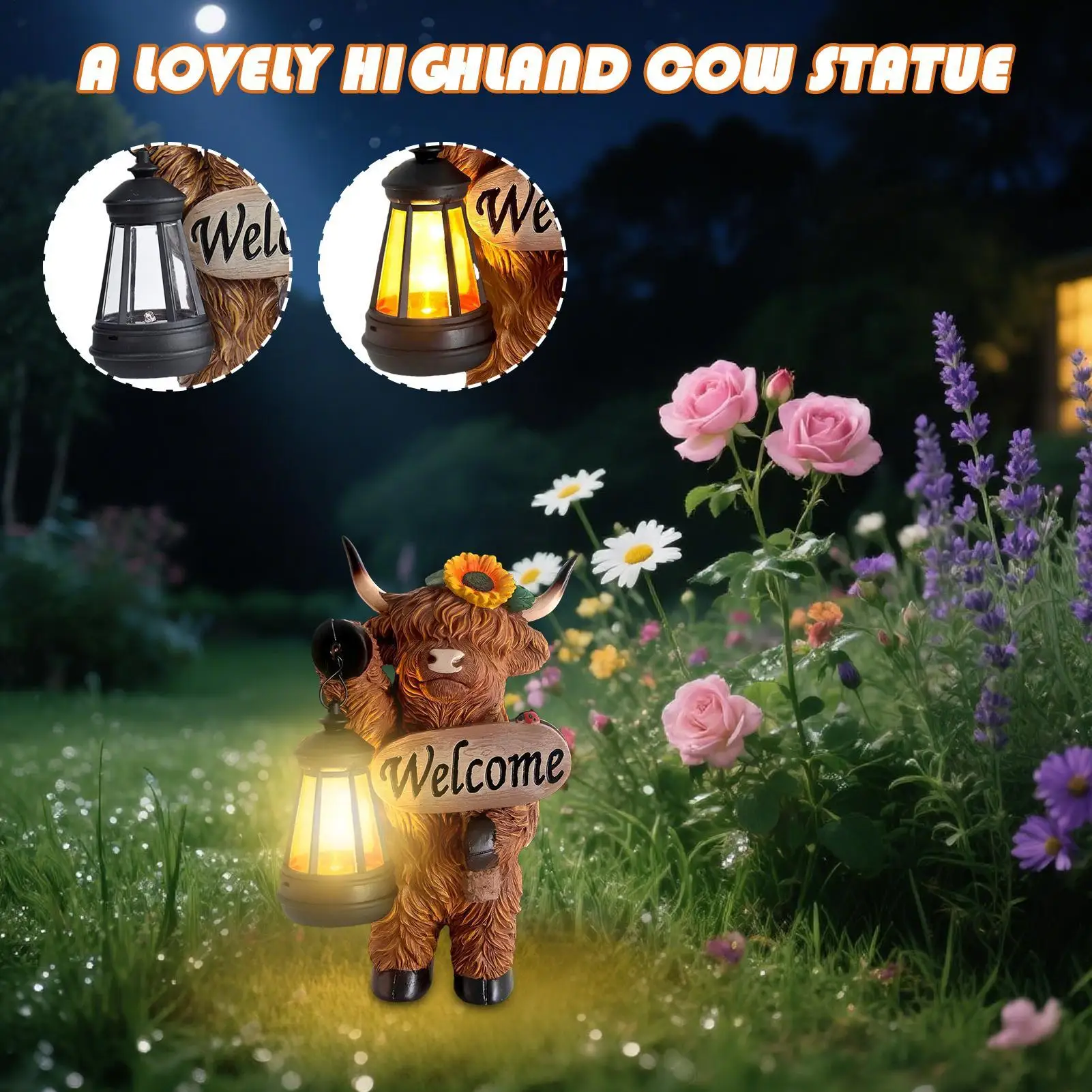 

Solar Garden Statues Resin Weatherproof Lawn Animal Figurine Outdoor Highland Cow Figurines Decorations for Patio Yard Porch