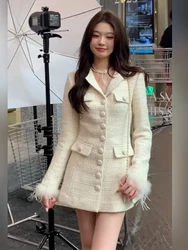 우아한 모피 패치 워크 여성 자켓 2025 가을 싱글 브레스트 턴 다운 칼라 한국 슬림 허리 중간 길이 코트