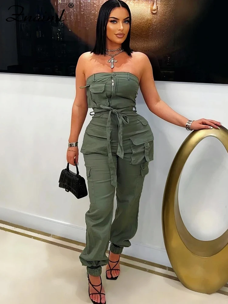 

Znaiml Sexy Off-Shoulder Strapless Sleeveless Pocket Jumpsuit with Bandage Women Birthday Party Club One Pieces Pencil Rompers