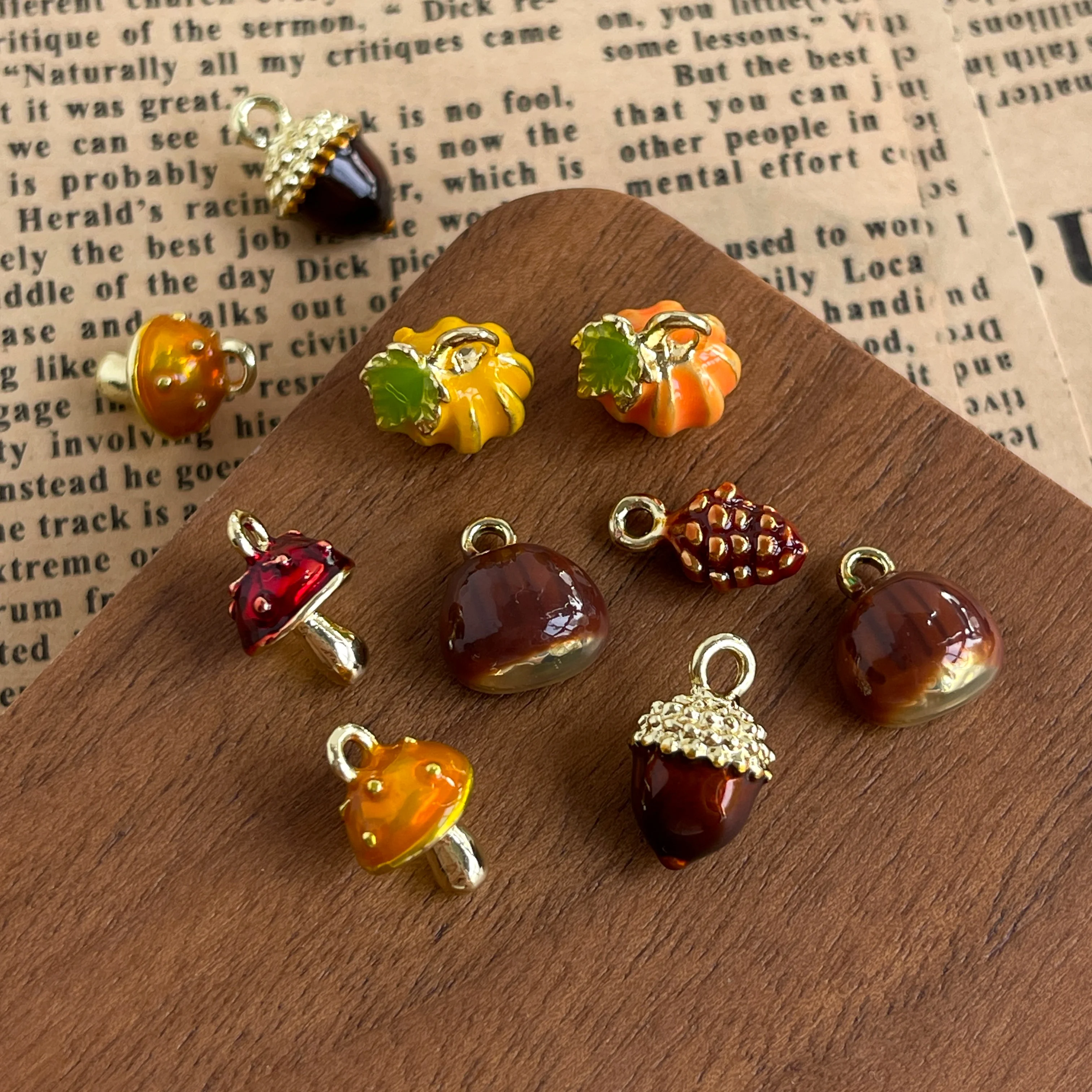 5pcs Pinecone Chestnut Mushroom Dripping Oil Alloy Pendant,Handmade Jewelry Making Accessories