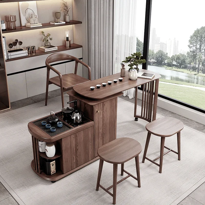Modern simple solid wood tea cart rotatable folding mobile tea making table Wujinshi home balcony kung fu tea