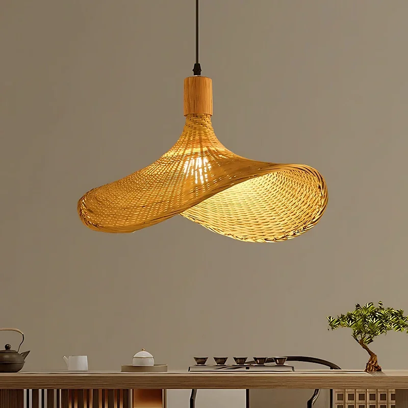 Contemporary Bamboo Wood Handcraft Chandelier Hanging Ceiling Pendant Light Lustre Rattan Wicker Woven Home Living Room Decor