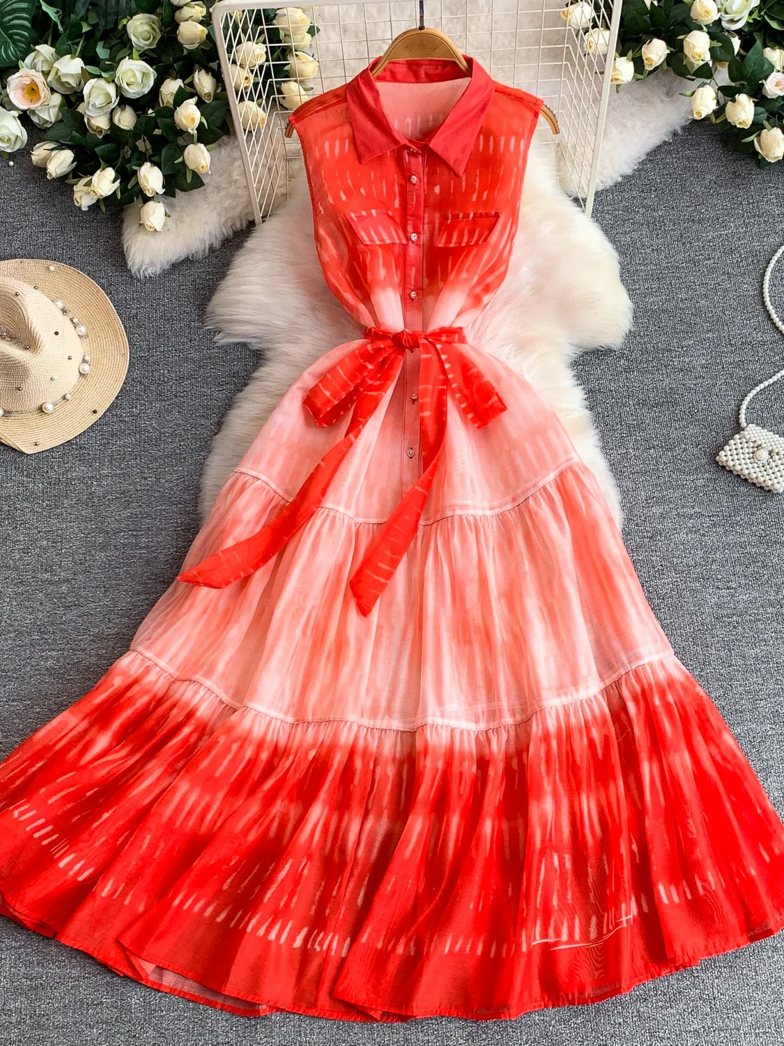 Summer Vacation Romantic Style Gradient Blue Sleeveless Women's Dress Waist Cinching Belt Flounce Long Skirt Soft Medium Fabric