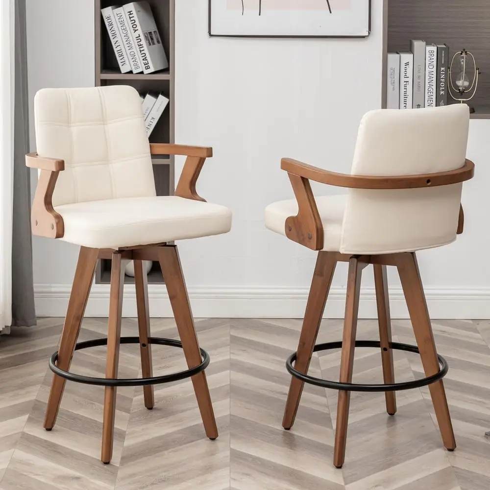 

26 Counter Height Bar Stools,Leather Upholstered Bar Chair, Swivel Bar Stools with Back and ArmsModern Beige Barstool Set of 2