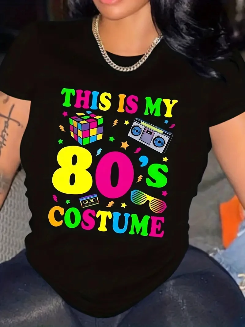 Fashion Vintage 80s This is my 80s Printed Lady O-Neck Short Sleeve Women\'s T Shirt Black White Short Sleeve Polyester