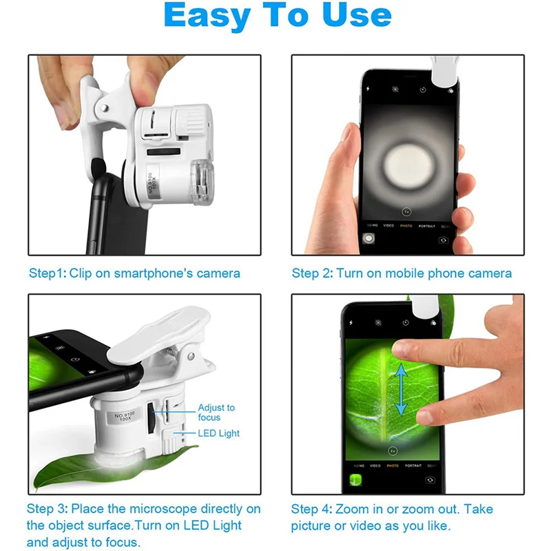 2X 100X Zoom Clip-On Microscope With LED Light, Portable Magnifier Loupe Pocket Magnifying Lens Glass