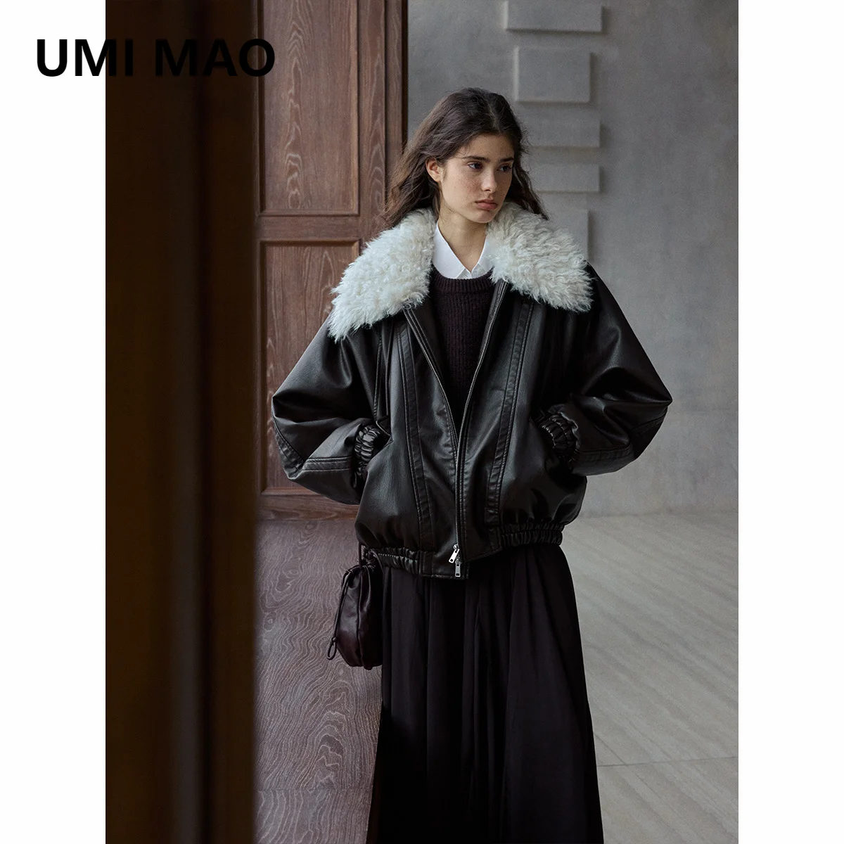 Umi mao destacável gola de pele jaqueta feminina clipe quente jaqueta de couro de algodão simples estilo de deslocamento ampla elegante jaqueta femme y2k