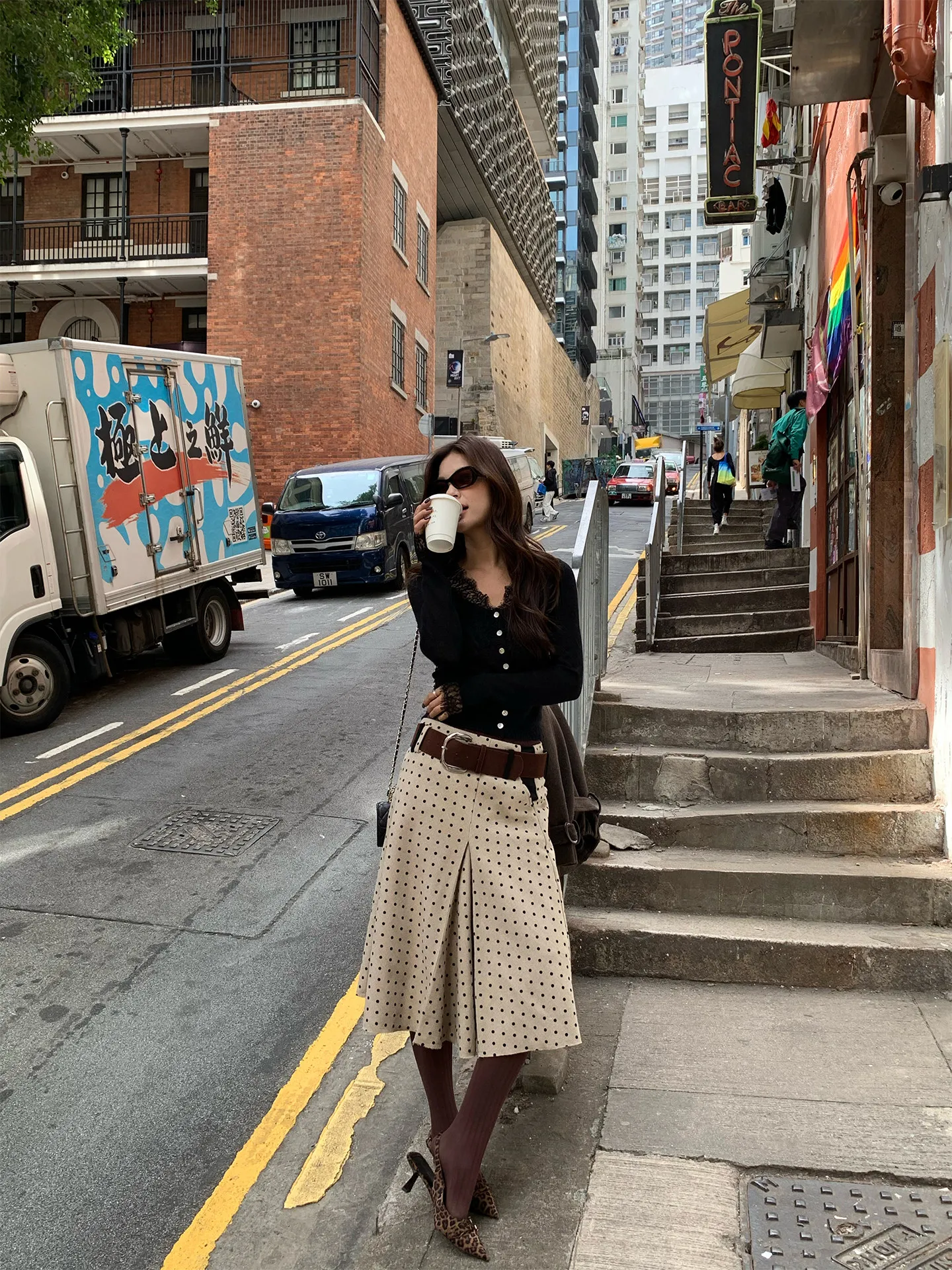 【MAR】Women French Vintage Polka Dot Midi Skirt Flocked Pleated A-Line Skirt