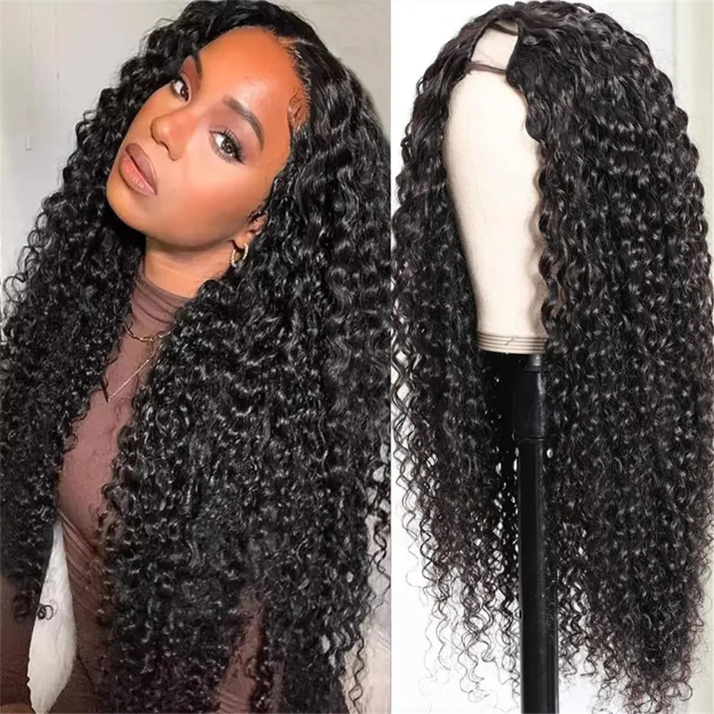 Kinky Curly U Part Wig Human Hair For Women Peruvian U Part Wig Kinky Curly Human Hair Machine Made Natural Color 180% Density