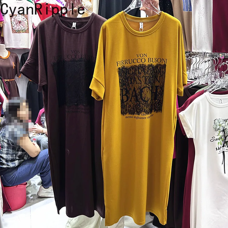 Modisches Neues Frühling-Sommer Damen Kurzarm-Kleid mit Buchstabendruck Elegantes Spitzenbesetztes Rundhals Midikleid aus Baumwolle
