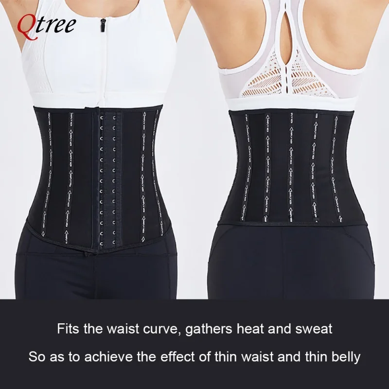 Qtree Sweat Fat Burner Waist Trainer Tummy Trimmer Belt Body Shaper Girdle Women Postpartum Slimming Hook Abdominal Sauna Corset