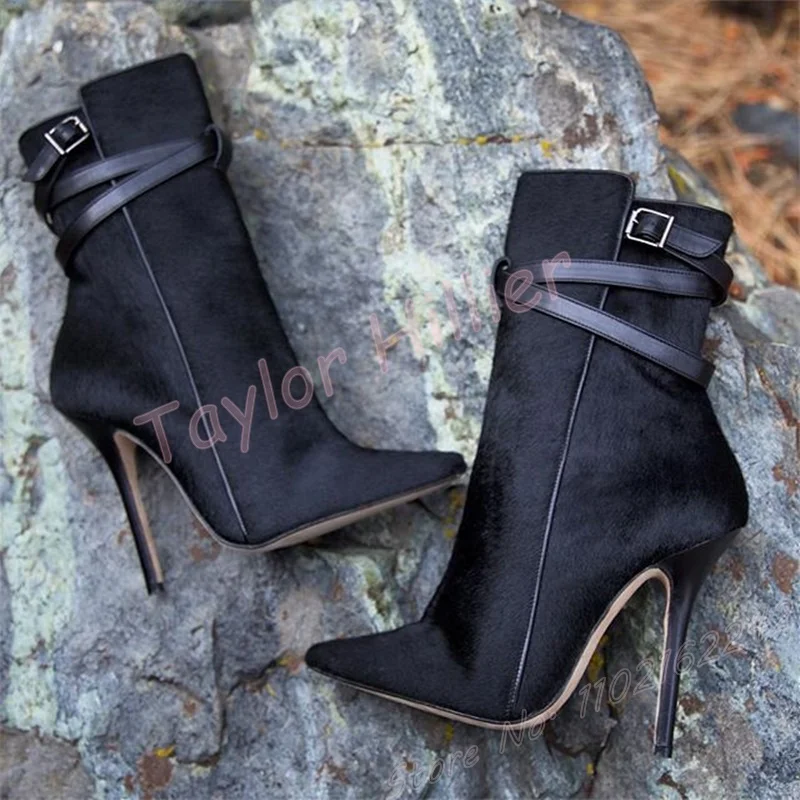 

Black Suede Leather Ankle Boots Women'S Pointed Toe Stiletto Side Zipper Nude Boots Fashion Simple Party Non-Slip High Heels 46