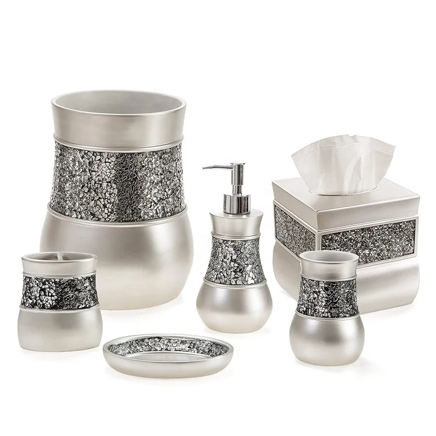 Elegant Grey Glass Mosaic Marble Effect Diamond Bathroom Accessories Set