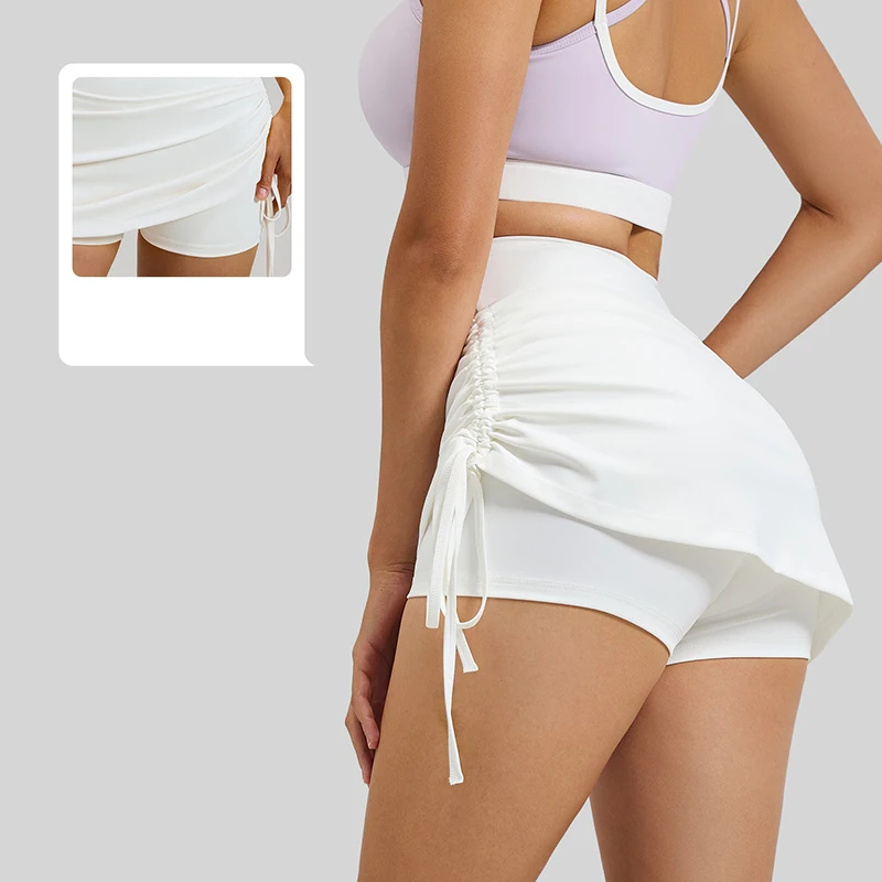 2026 Fashion Women Ruched High Waist Yoga Shorts Stretchy Tummy Control Workout Running Sports Skort with Drawstring