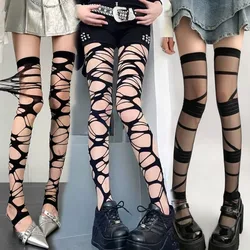 Fashion Punk Torn Strap Holes Tights Nue Sexy Lolita Gothic Spider Web Stockings Ladies Y2k Black Mesh Soft Tights High Hosiery