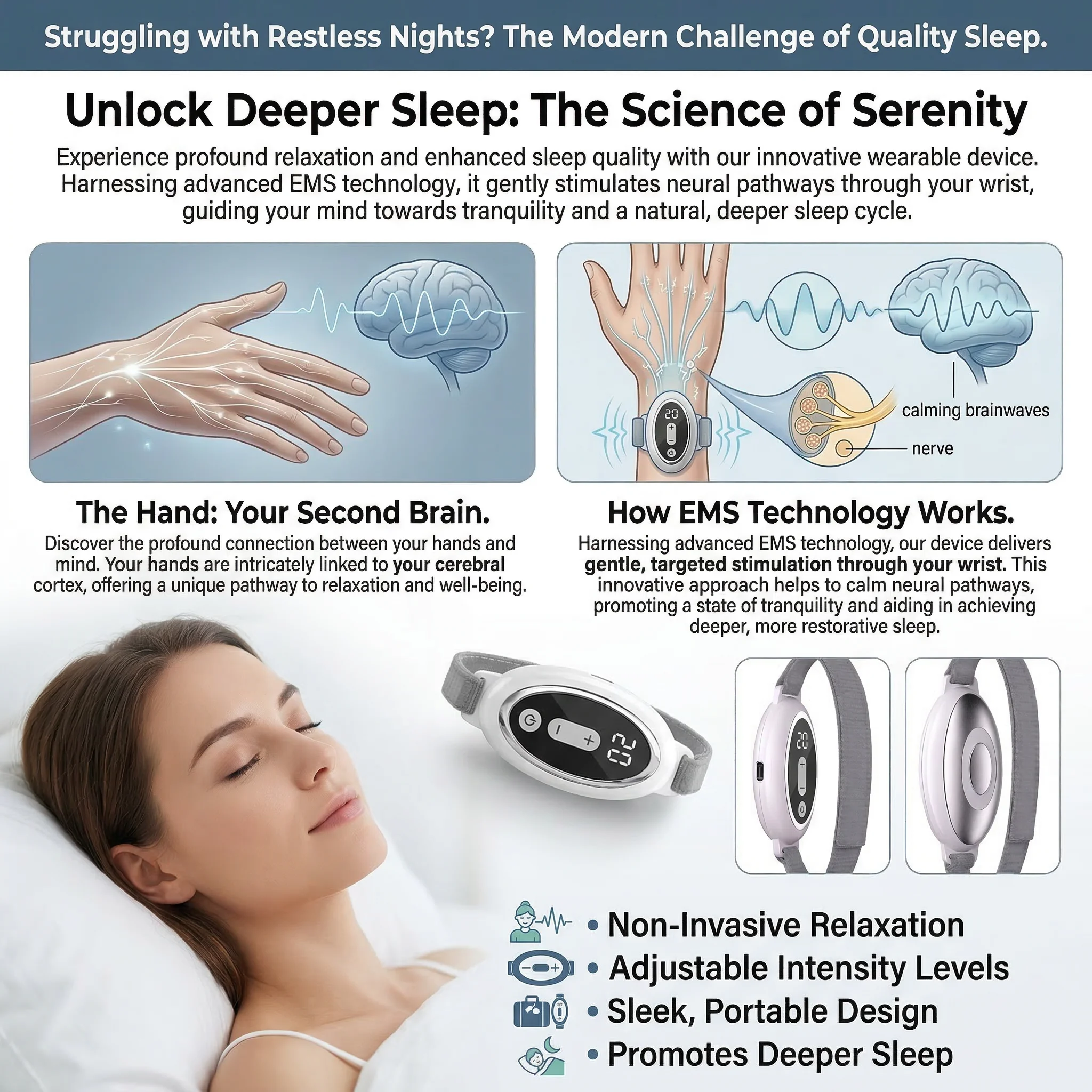 Rechargeable Sleep Aid Device Palm Pulse Sleep Massager Handheld Microcurrent Device for Help Improve Sleep Insomnia Anxiety