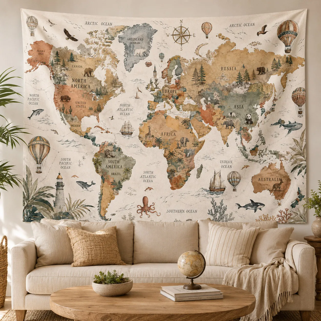 World Map Tapestry、Vintage Map Wall Hanging、Travel Tapestry、Educational Wall Decor、Kids Room Map Decor