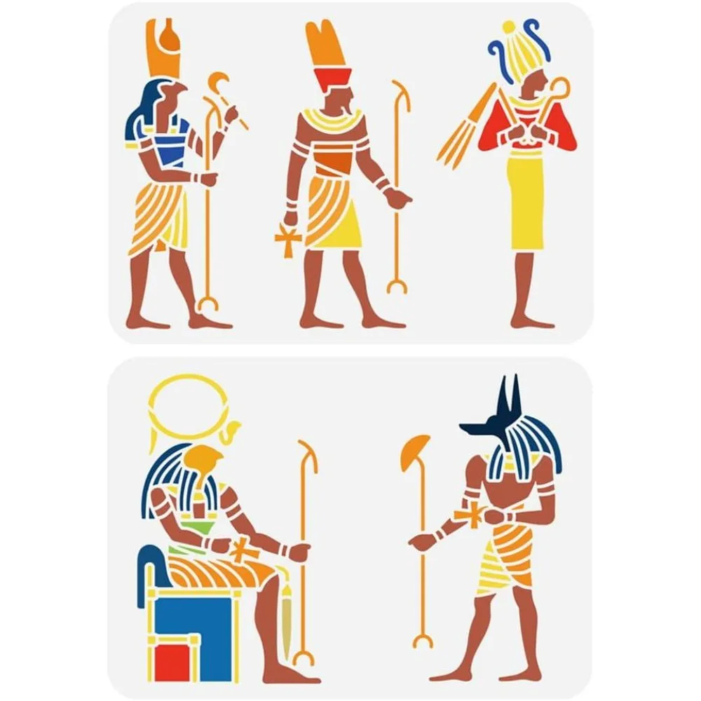 2PCS Egyptian Pharaoh Stencils 8.3x11.7 Inch Reusable Pharaoh Drawing Templates Stencil for Wall Wood Canvas Art Projects