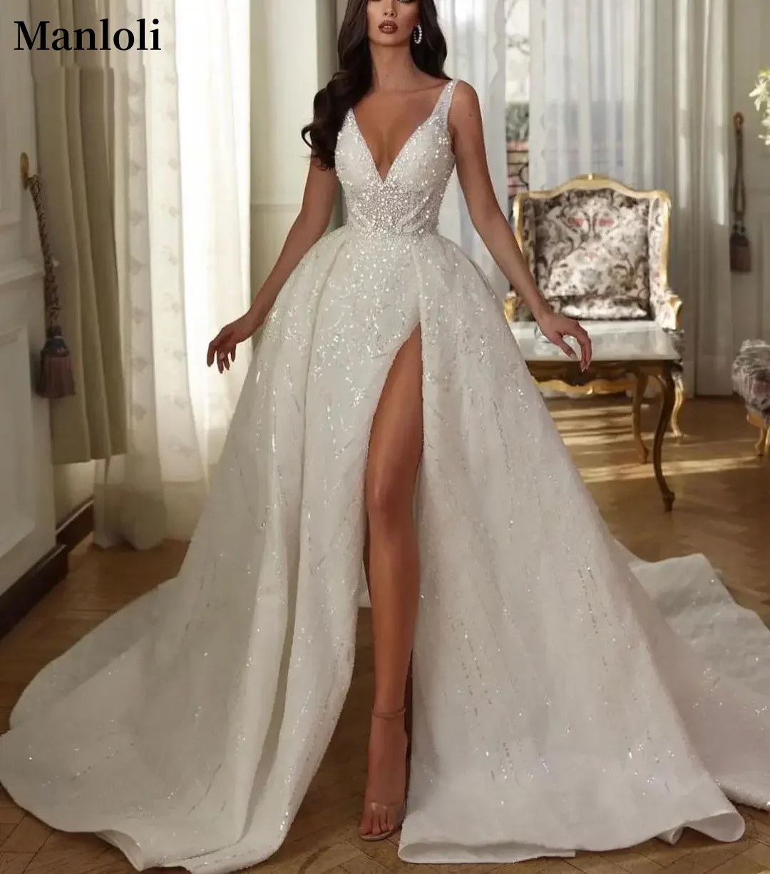 

Customized Luxury V-neck Bridal Ball Dress Sleeveless Satin Pearl sequin Wedding Dress Lace Decal Side Split Bridal Dress