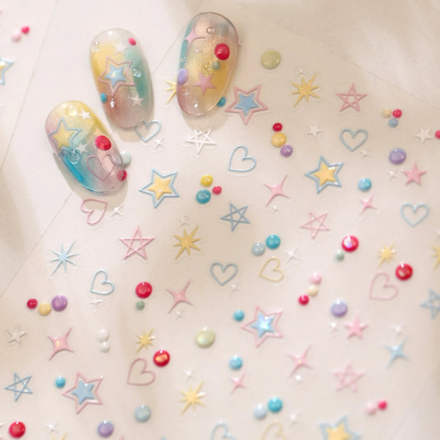 Pastel Candy Tone 5D Nail Stickers Macaron Star Heart Pentagram Round Dot Childish Decal Self Adhesive Fresh Summer Manicure