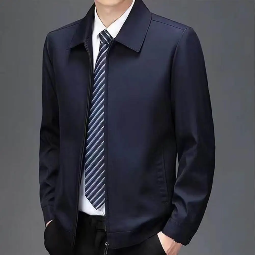 Men Fall Spring Coat Turn-down Collar Smooth Zipper Closure Cardigan Long Sleeve Smooth Thin Loose Mid-aged Father Daily Jacket