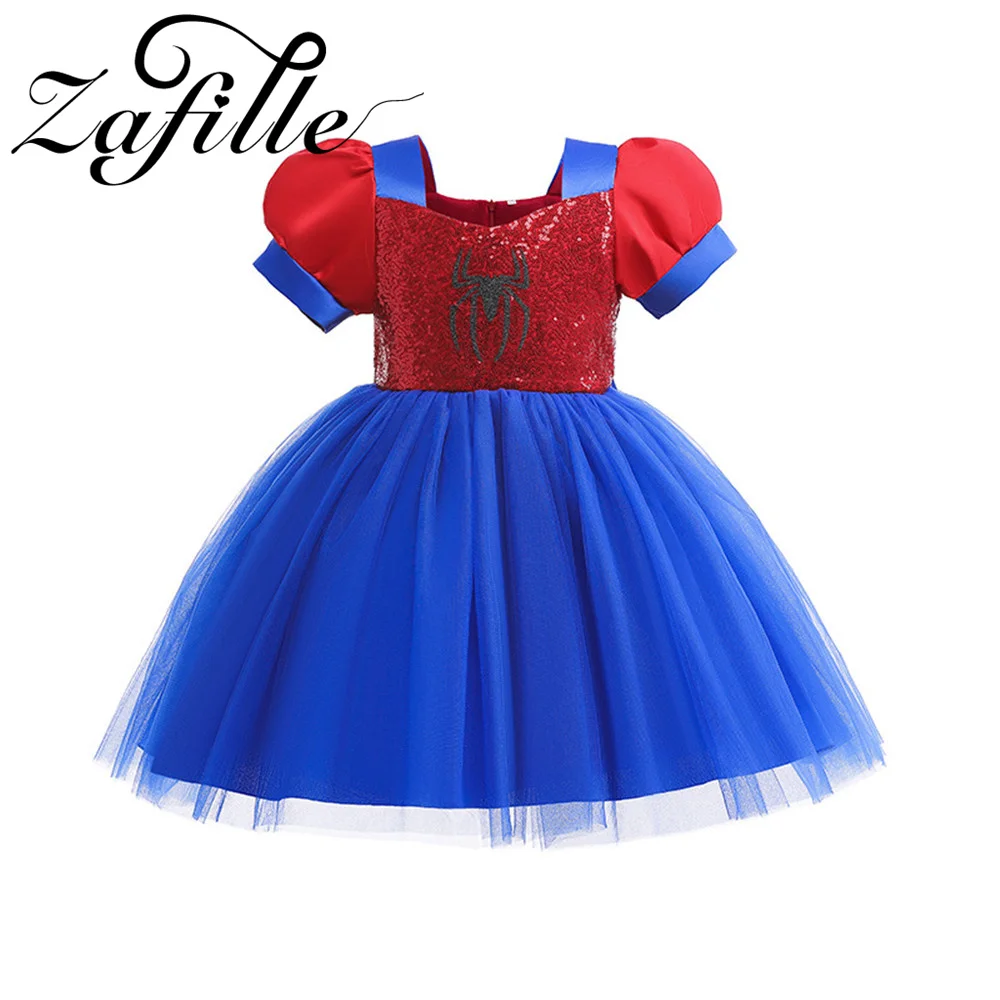 ZAFILLE Princess Kids Girls Dress Sequin Spider Baby Clothes Lantern Sleeve Girls Christmas Dresses Patchwork Children Mesh Suit