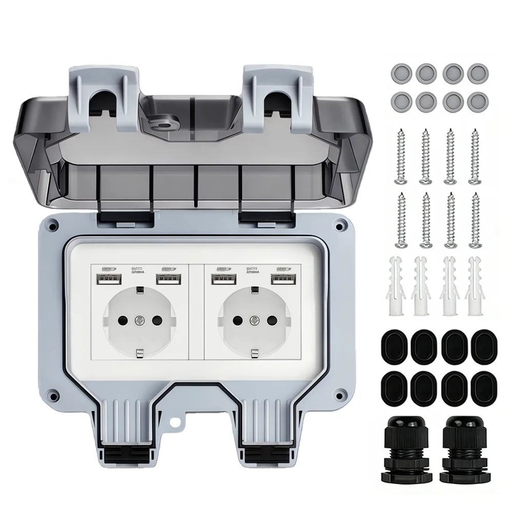 Waterproof Outdoor Socket,Double Power Outlet with Protective Cover ,Dustproof Windproof Socket,Wall-Mounted Garden Power Outlet image 3